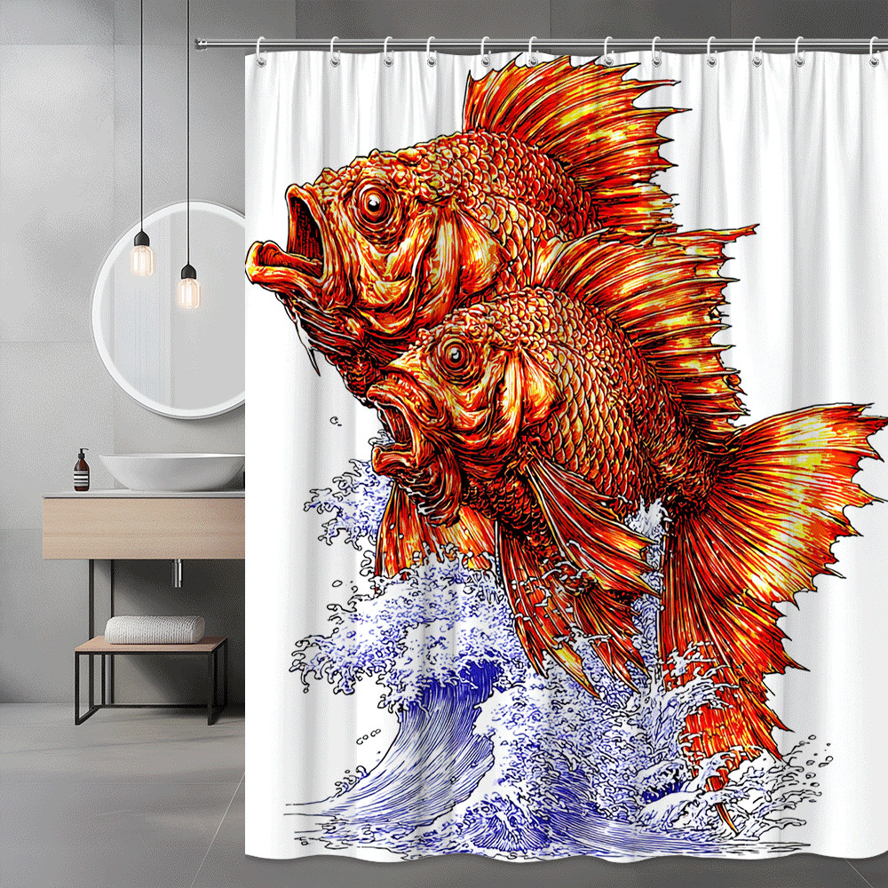 Fish Shower Curtain Orange Blue Graphic Print