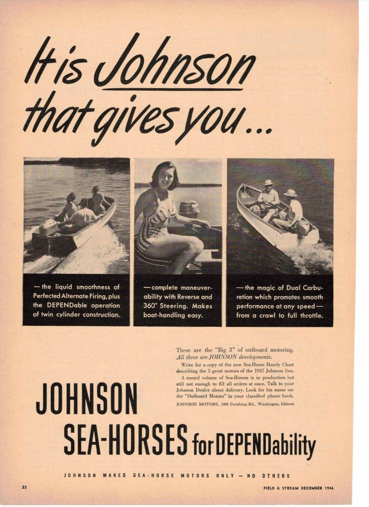 Johnson Sea Horse Outboard Motor ad 1946 Big 3 Waukegan IL