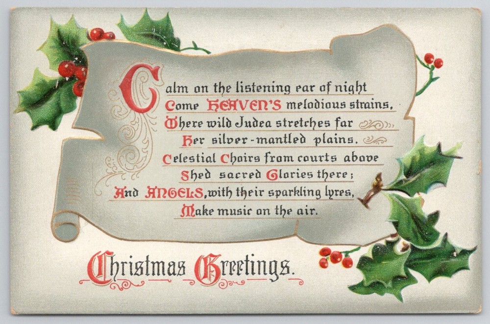 1913 Raphael Tuck Christmas Greetings Embossed Holly Postcard Postmarked