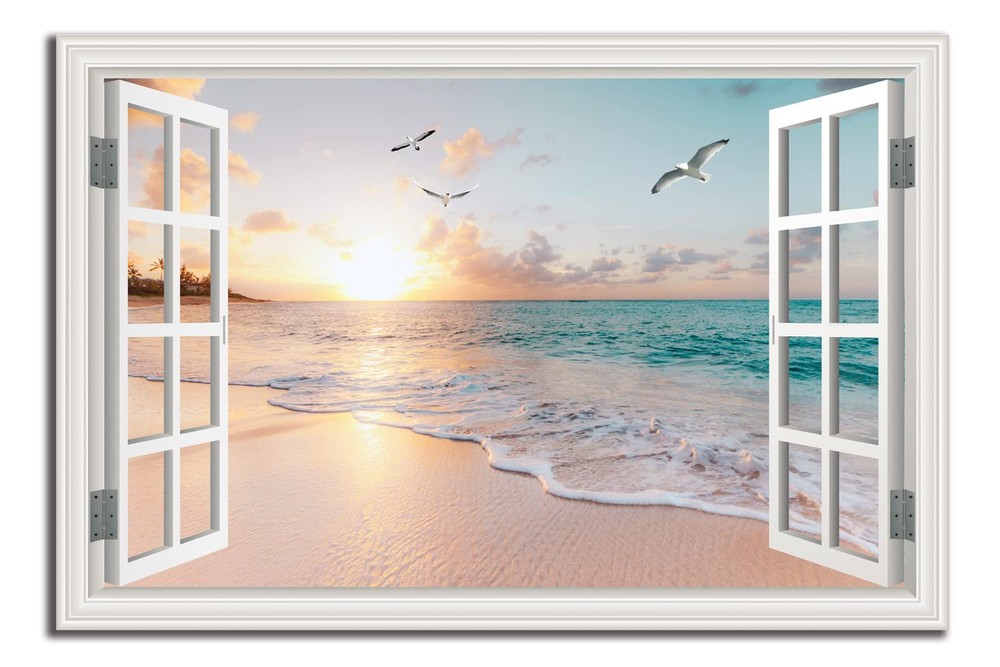 Beach Wall Art Picture for Living Room - Window Frame Style Canvas Wall Decor...