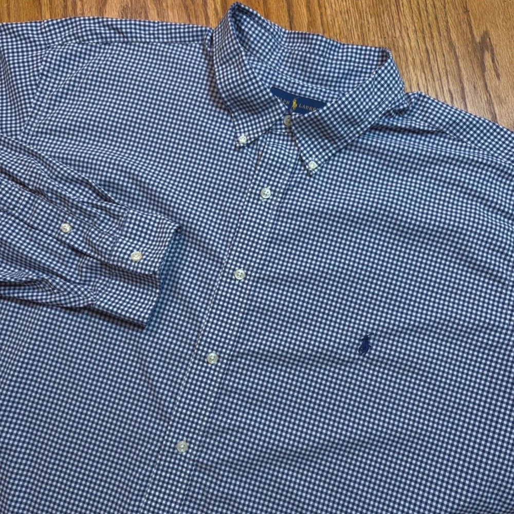 Polo Ralph Lauren Performance Shirt Mens 3XB Blue Gingham Stretch Long Sleeve