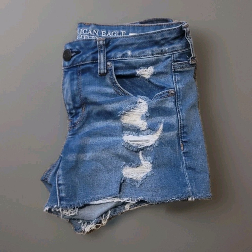 American Eagle Outfitters Women's Cut-Off Shorts, Size 8, Blue Denim, Distressed