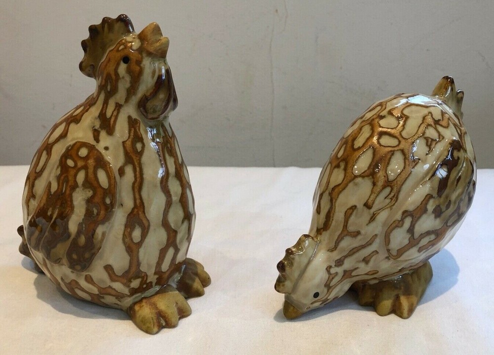 Pair of Beige & Brown Ceramic Cockerels - decorative figurines - 16.5cm tall