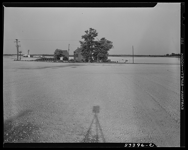 Photo:1930s Rural Farmhouse Flooded Road Water Landscape
