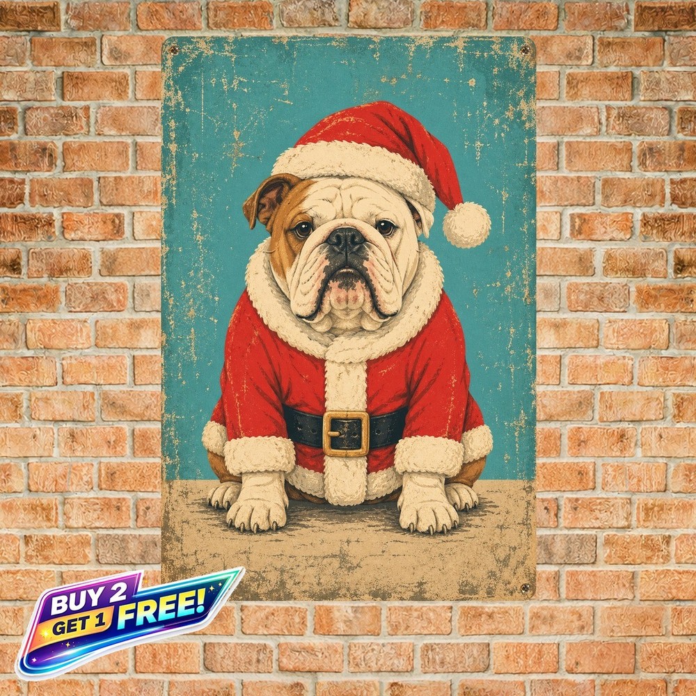 English Bulldog Santa Hat Art Christmas Holiday Metal Wall Decor Sign