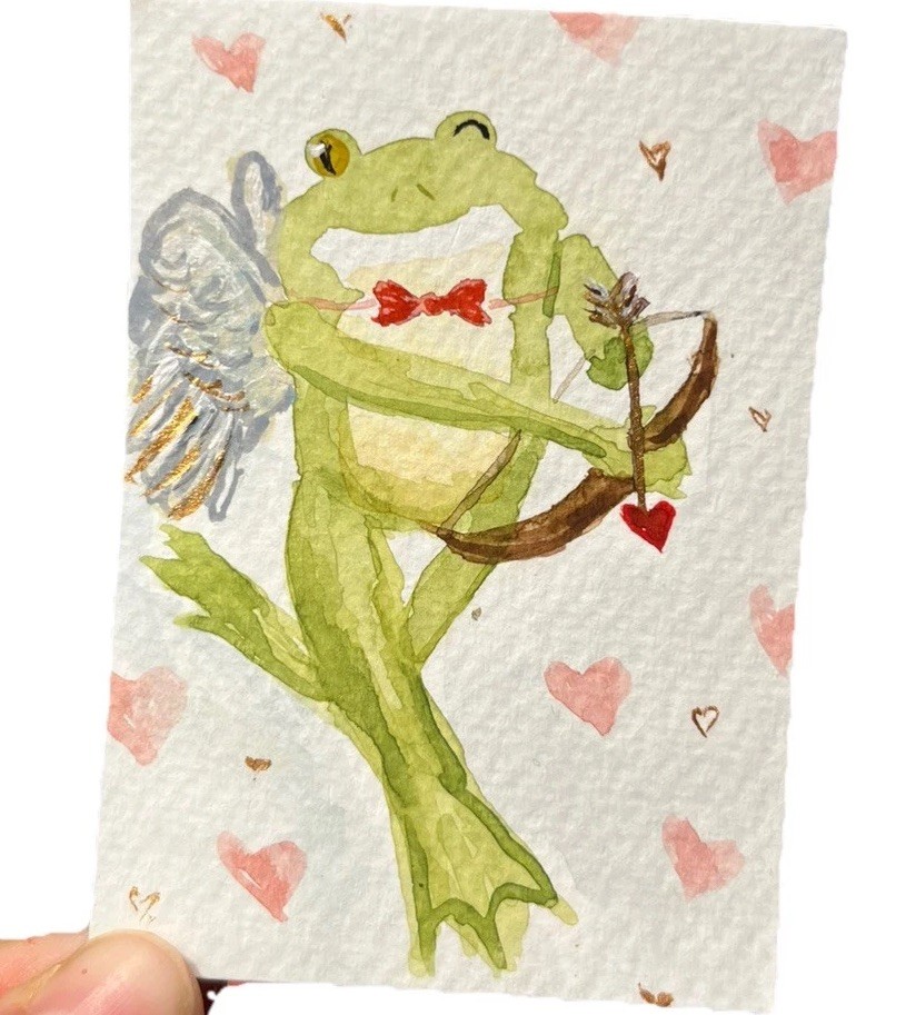 ACEO Original Cupid Frog Love In the Air Watercolor Painting Valentine 3.5x2.5
