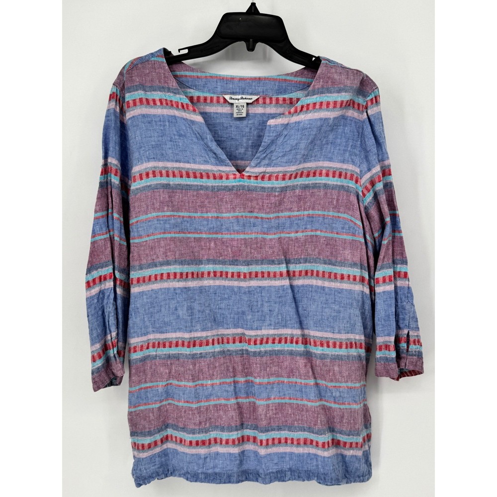Tommy Bahama Linen Tunic Women XL Blue Purple Striped V-Neck 3/4 Sleeve Beach