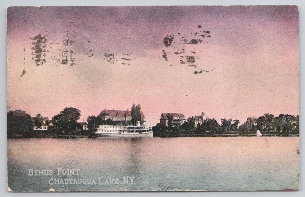 Bemus Point Chautauqua Lake NY Steamboat & Shoreline Postcard 1908 Posted
