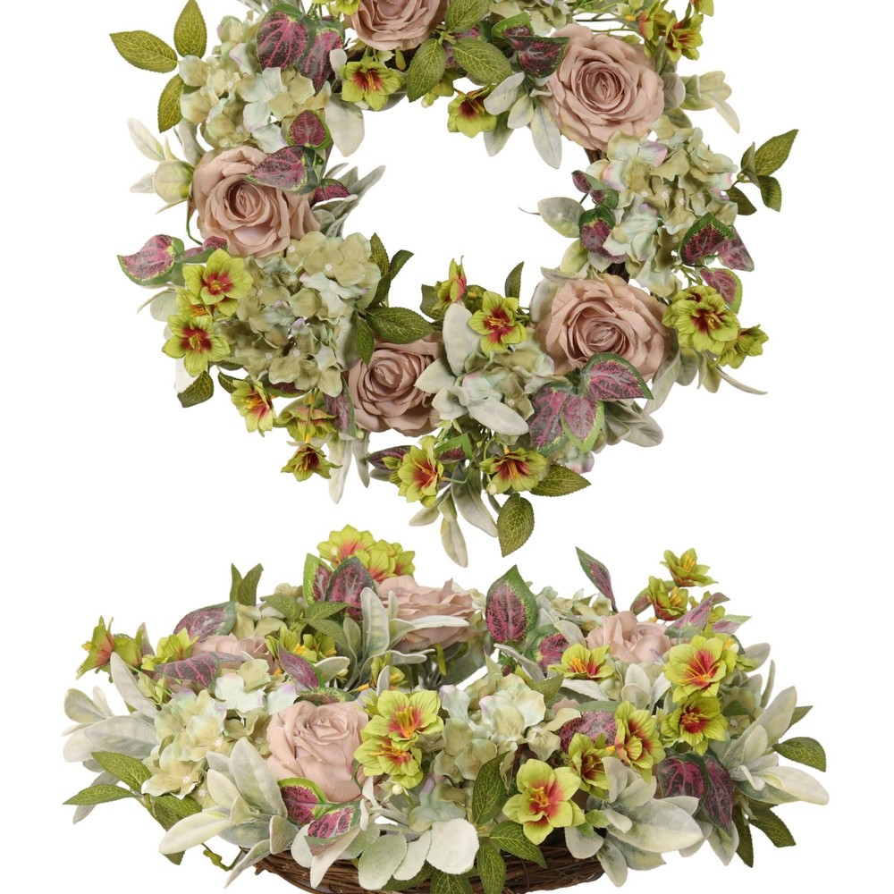 20 Inch Spring Summer Floral Wreath with Hydrangea and Roses