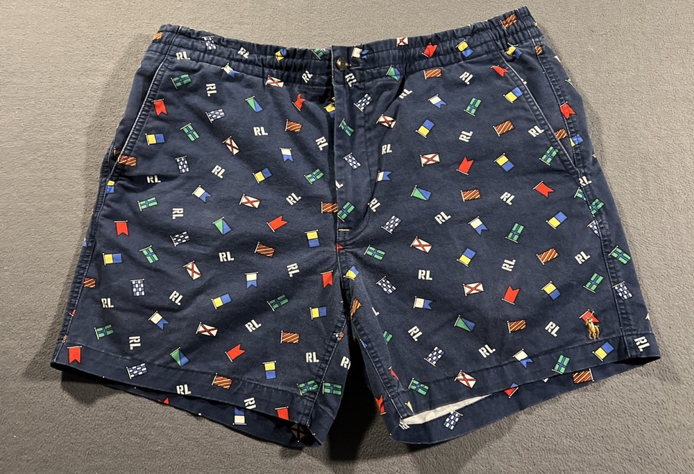 Polo Ralph Lauren Shorts Mens Large Blue Flag Print Prepster Flat Front 5