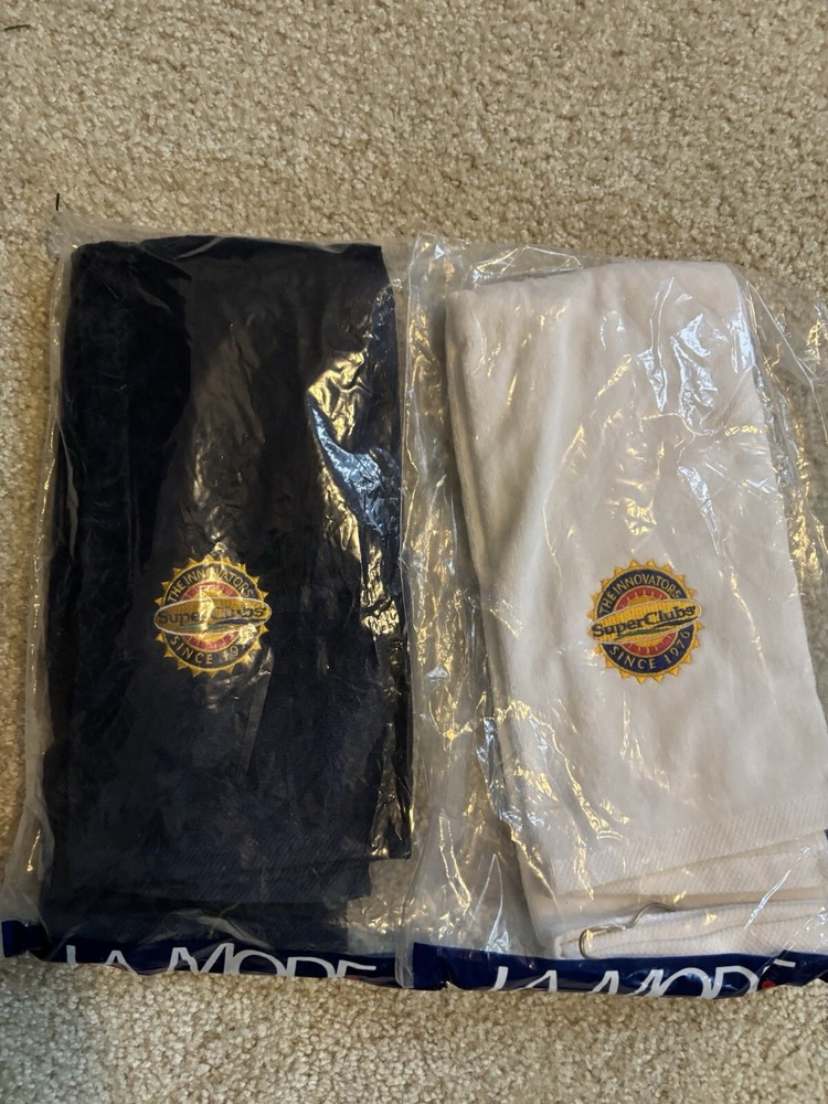 Vintage Golfers Towel Set of 2 New Old Stock Navy White with Brass Clip