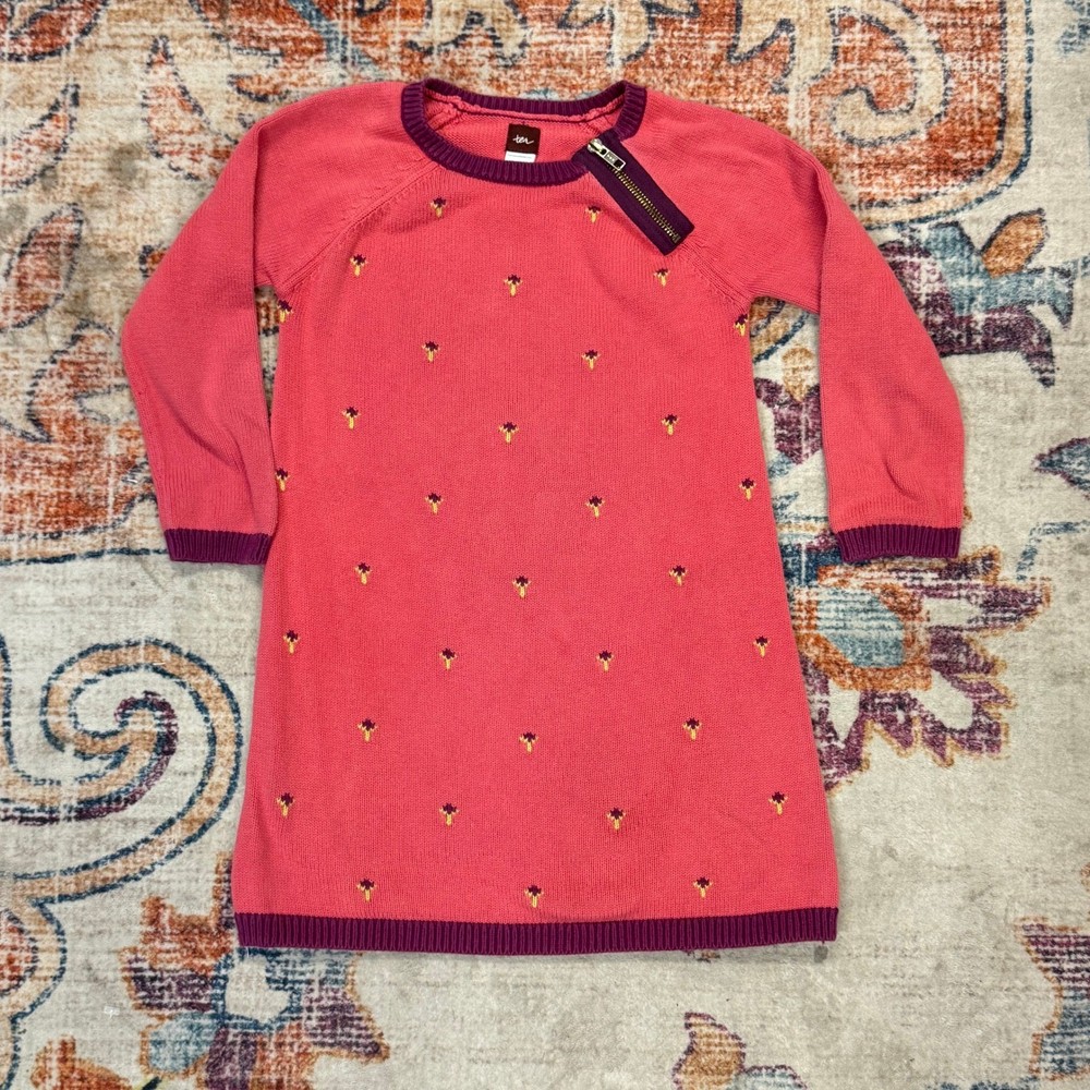 Tea Collection Girls Pink Purple Floral Sprig Cotton Knit Sweater Dress Size 6