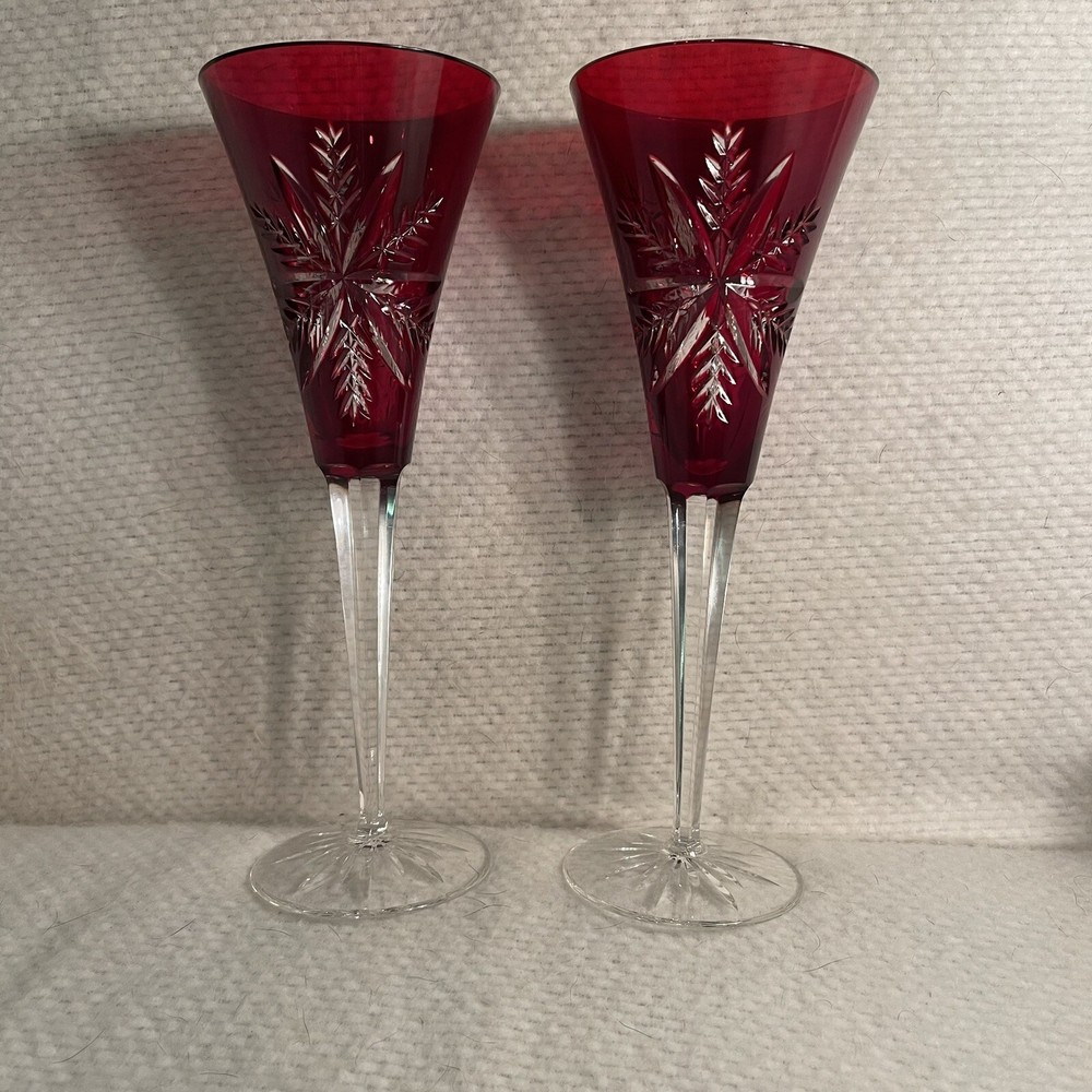Waterford Crystal Joy Ruby Red Champagne Flutes Signed Joe Mahoney 2004 Set 2