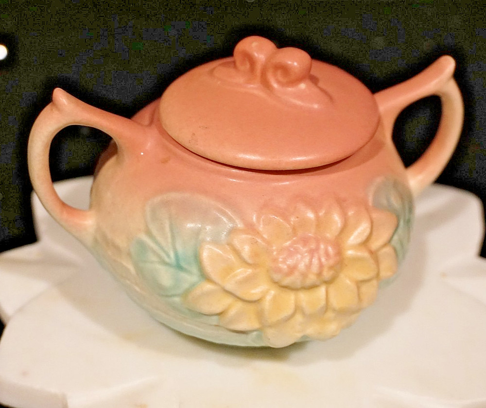 Vintage 1940's Hull Sugar bowl with Lid Matte Blue Pink Yellow Flower 2 Handles