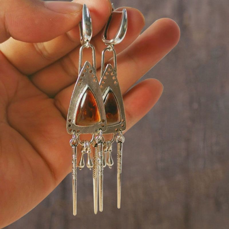 Vintage Tribal Triangle Amber Earrings Antique Silver Tassel Handmade Jewelry