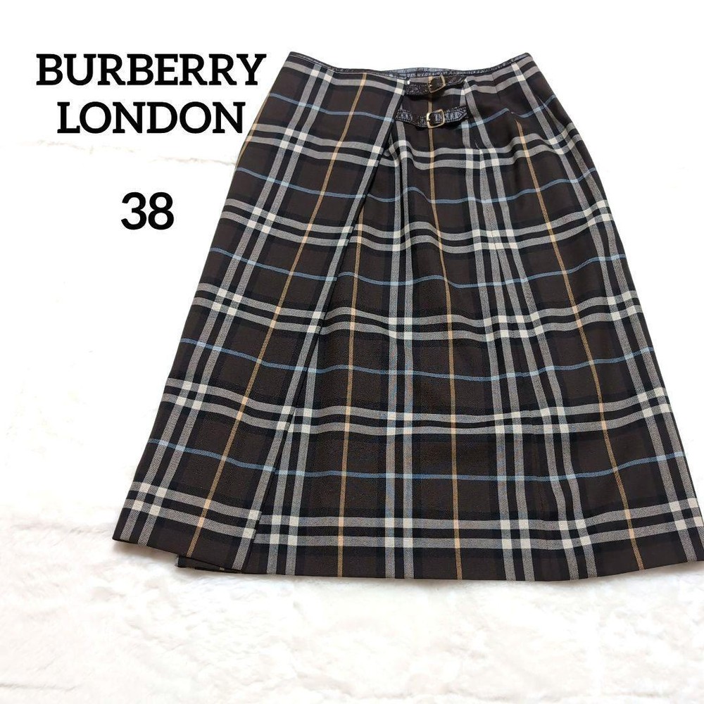 Burberry London Nova Check Wrap Skirt Black Brown Belted Size 38