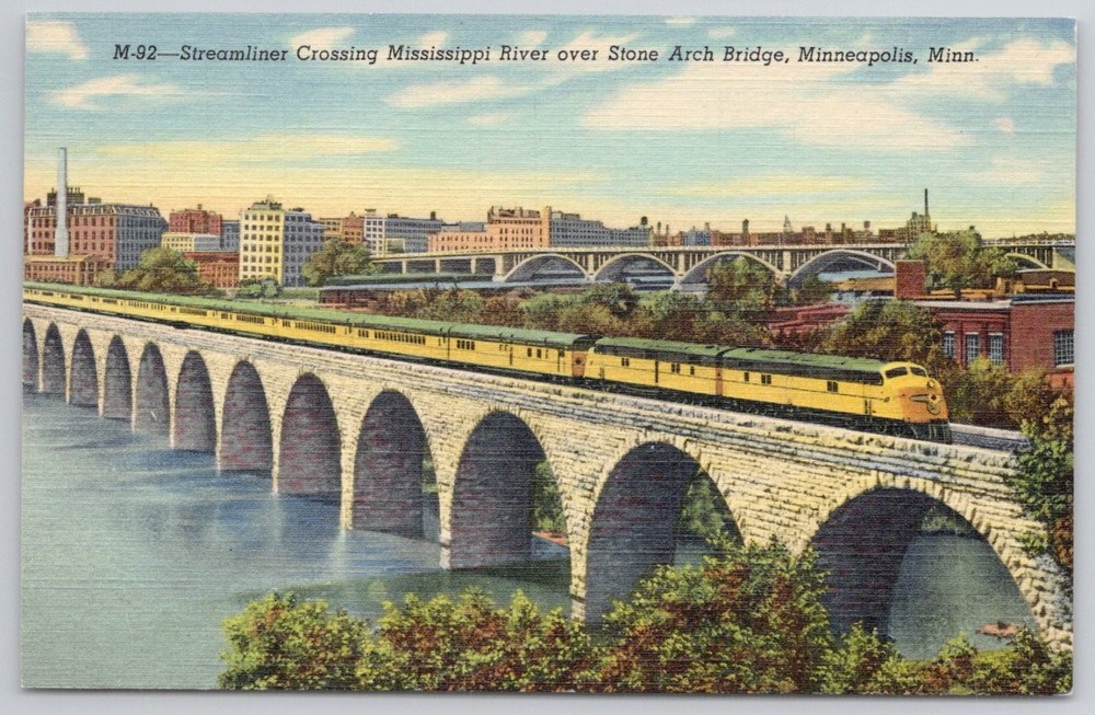 Streamliner Train Stone Arch Bridge Minneapolis Mississippi River Postcard
