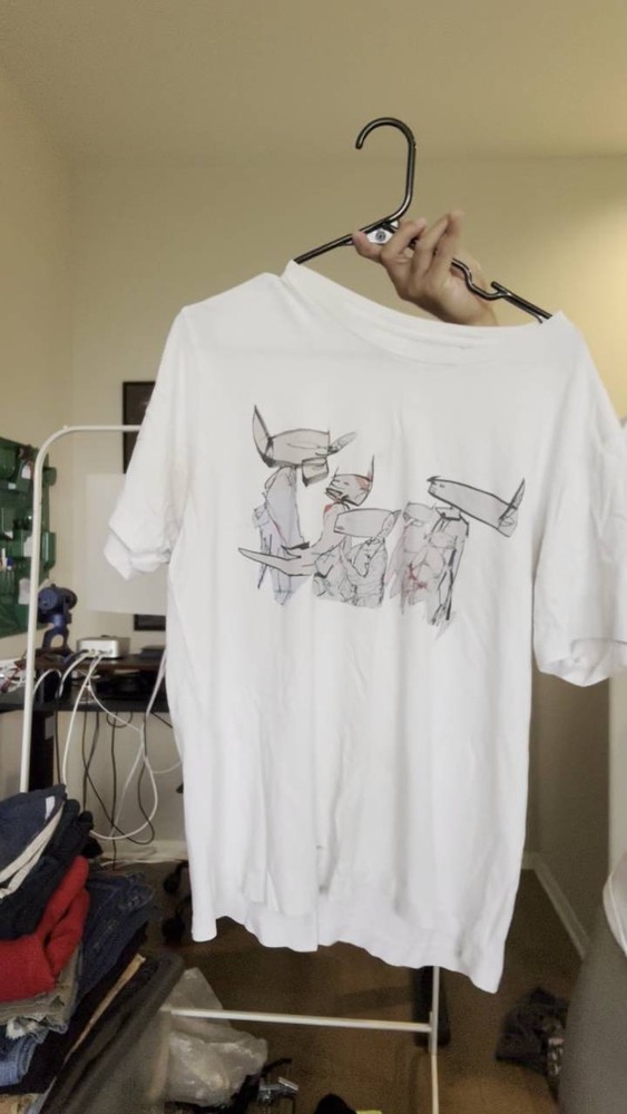 White Graphic T-Shirt Short Sleeve Abstract Line Art Small Red Back Logo-image
