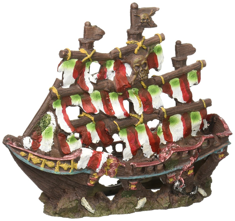 Striped Sail Shipwreck Aquarium Decoration Ornament Colorful Red and White De...