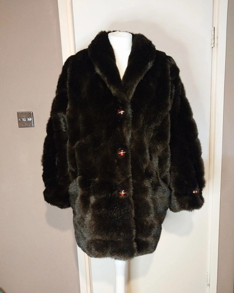 Vintage Ashwell Italian chocolate brown faux fur cat eye panel coat jacket