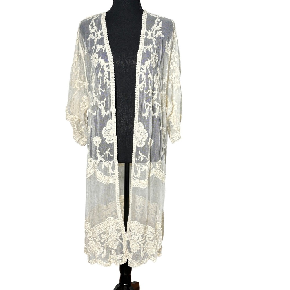 New Ivory Sheer Mesh Lace Kimono Duster Small Festival Layering Bridal Victorian