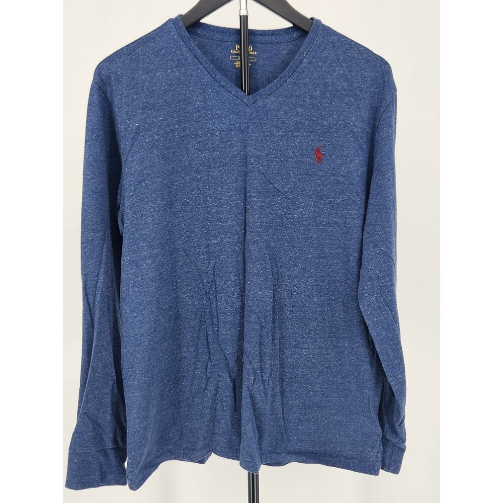 Polo Ralph Lauren Mens Blue Heather V-Neck Long Sleeve T-Shirt Size M Pony Logo