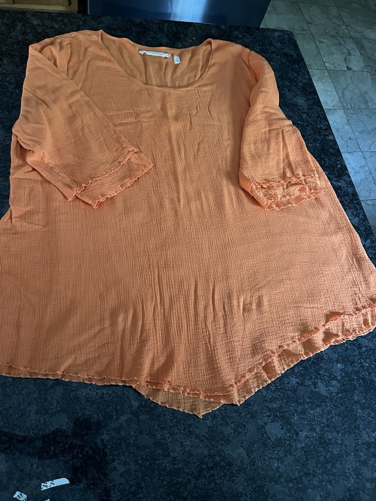 Soft Surroundings Women Tunic Gauze Cotton Layered Top Size 1X Orange 3/4 Sleeve