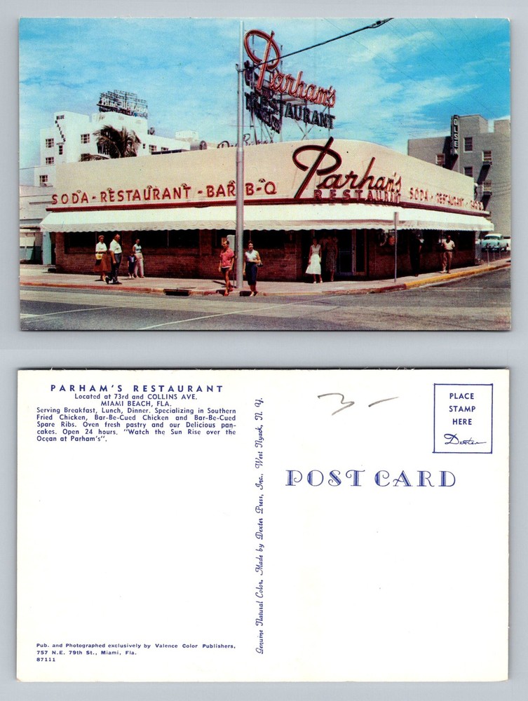 Miami Beach, FL-Florida, Parham's Restaurant Soda BARBQ Corner Vintage Postcard