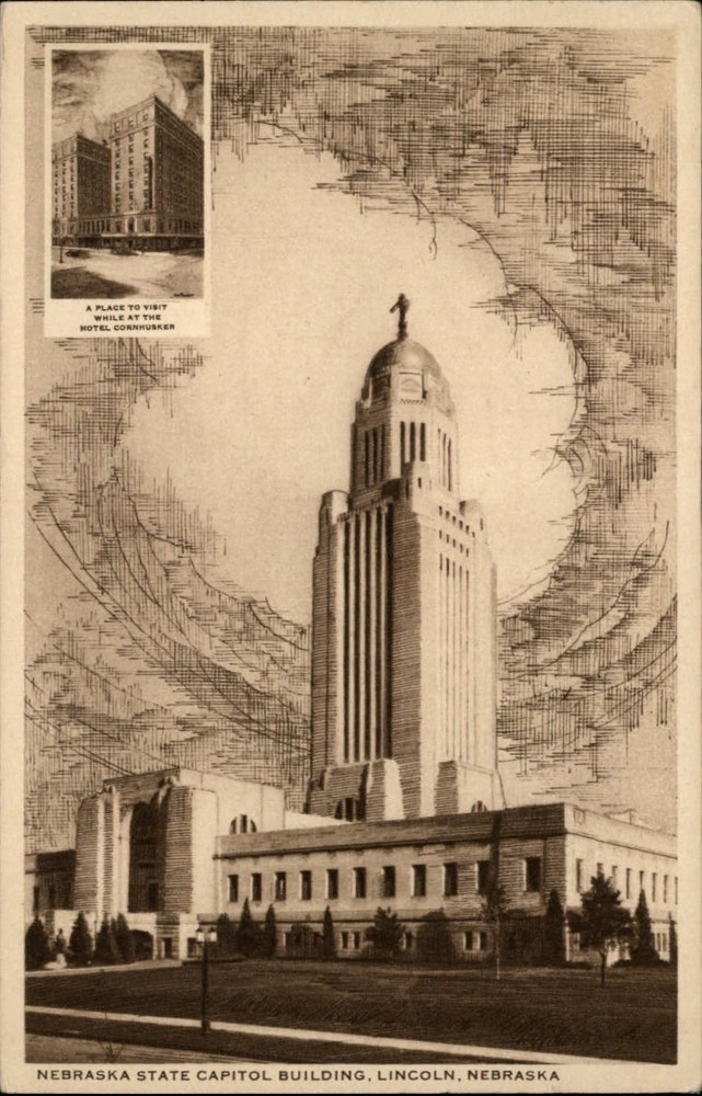 Lincoln Nebraska State Capitol Hotel Cornhusker ~ 1940 vintage postcard