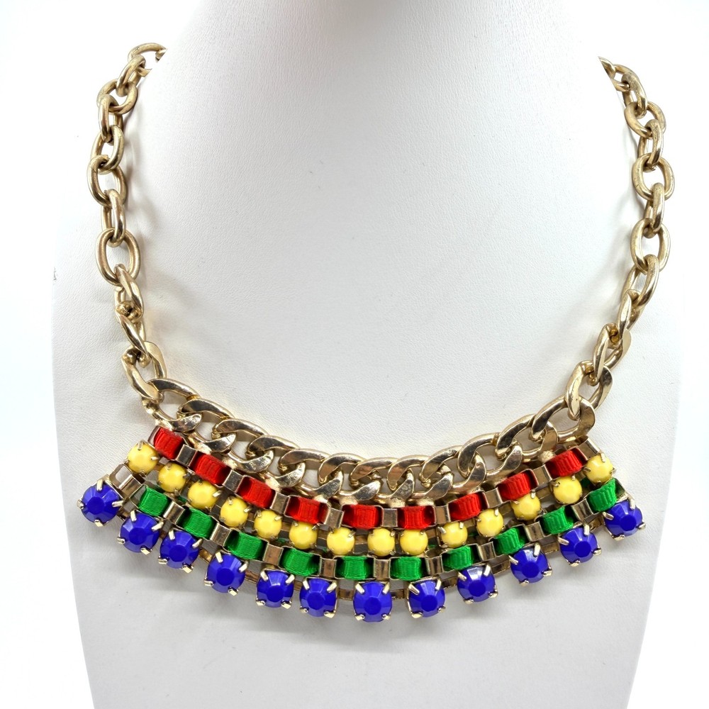 Vintage Retro Bold Colorblock Bib Statement Necklace Chunky Gold Tone Chain