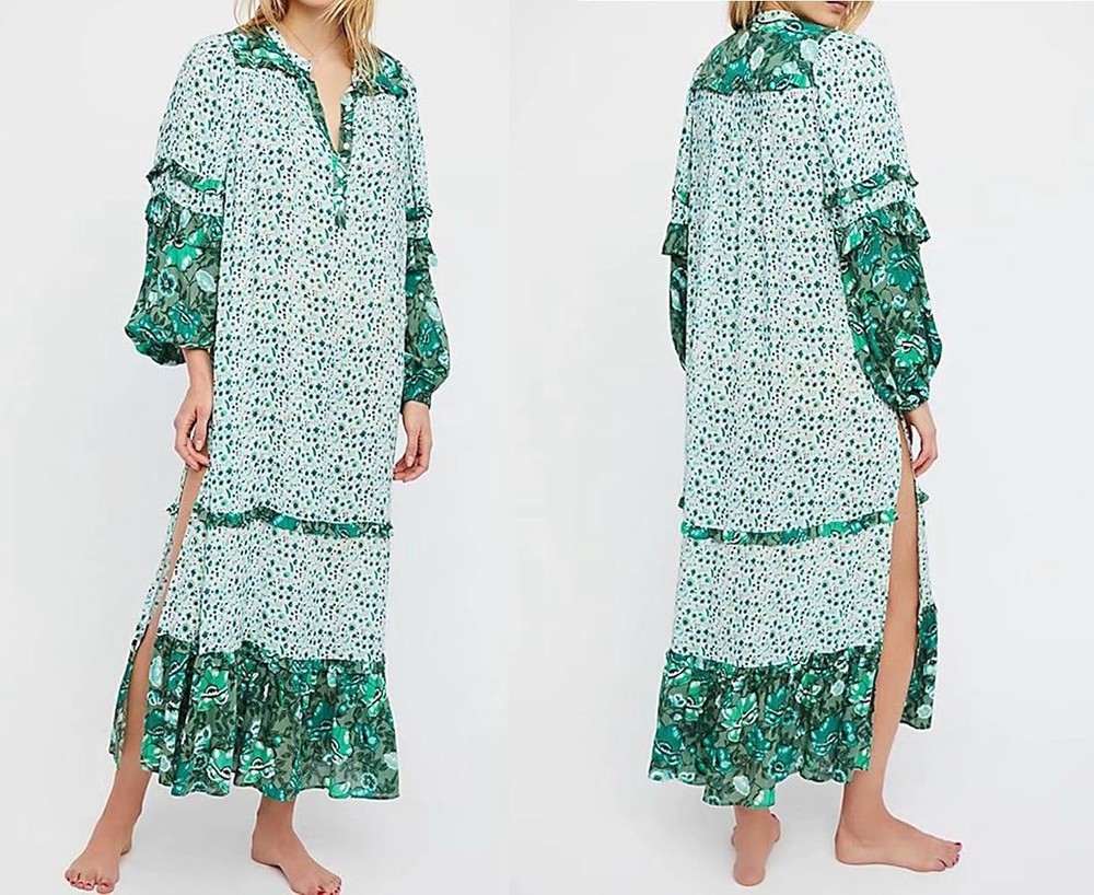 R.Vivimos Women'sLong Sleeve Floral Print Bohemian Maxi Dresses with Slit Size M