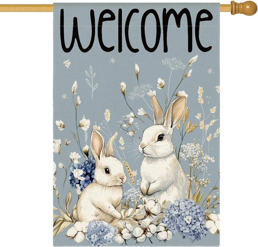 Easter Bunny House Flag 28X40 Inch Double Sided Outside, Floral Welcome Holiday