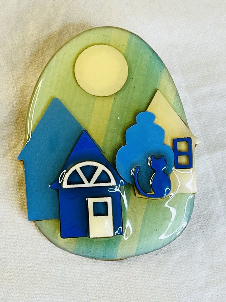 Vintage Lucinda House Brooch Blue with Cat