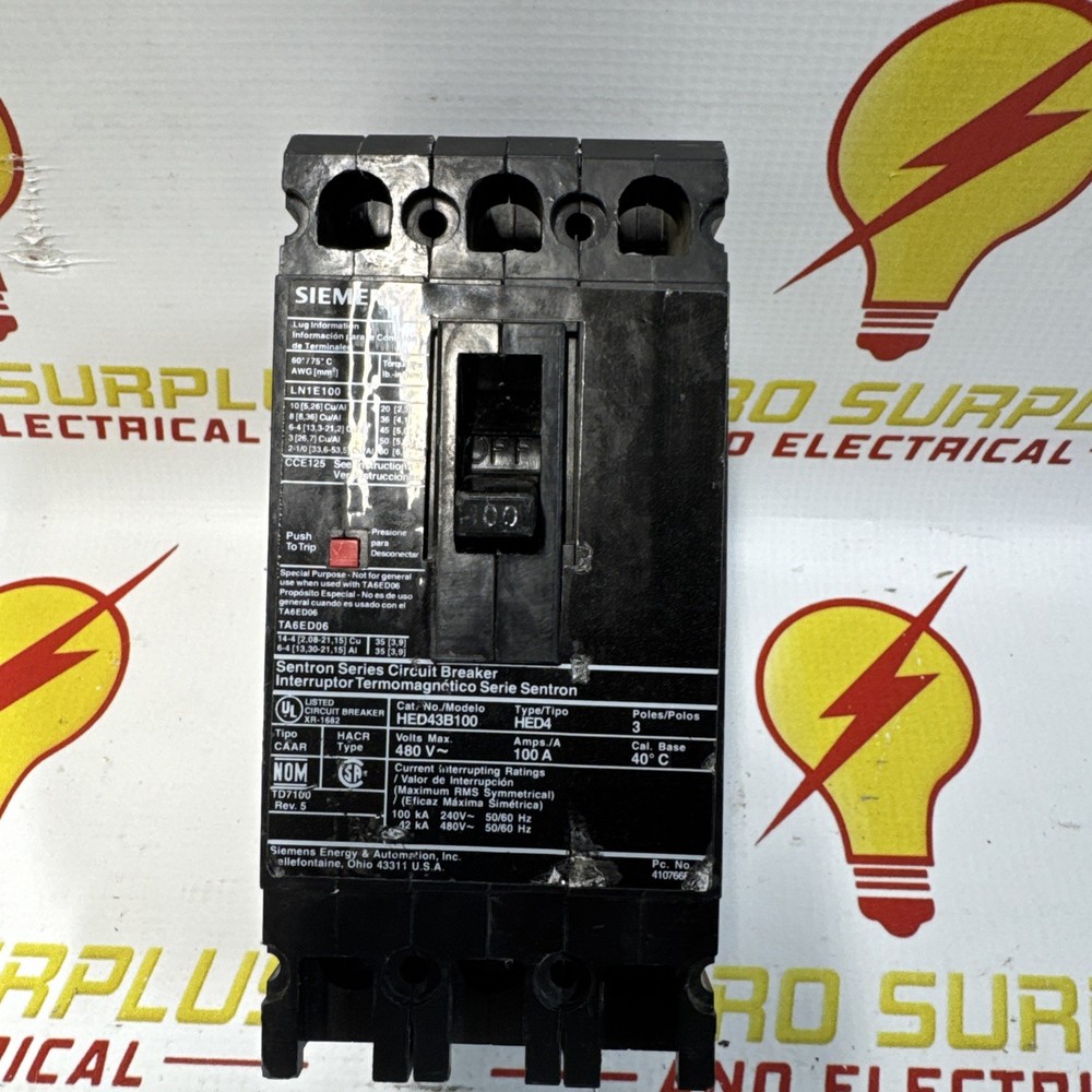HED43B100 Siemens Molded Case Circuit Breaker 3 Pole 100 Amp 480v