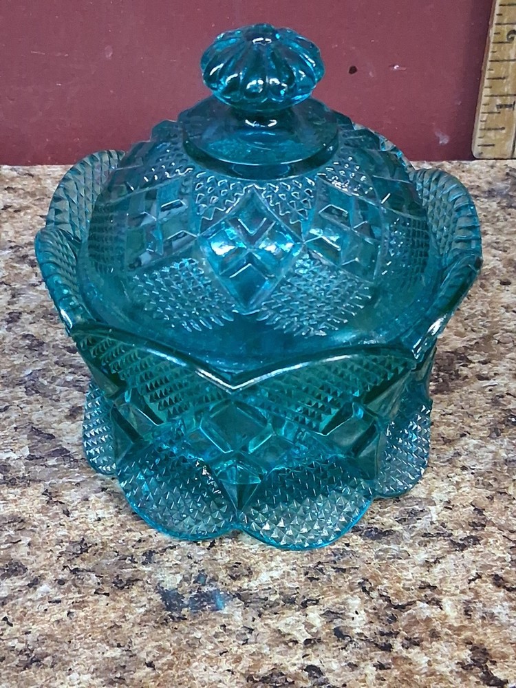Antique EAPG Westmoreland Blue Uranium Glass Sugar Bowl Amazing UV GLOW