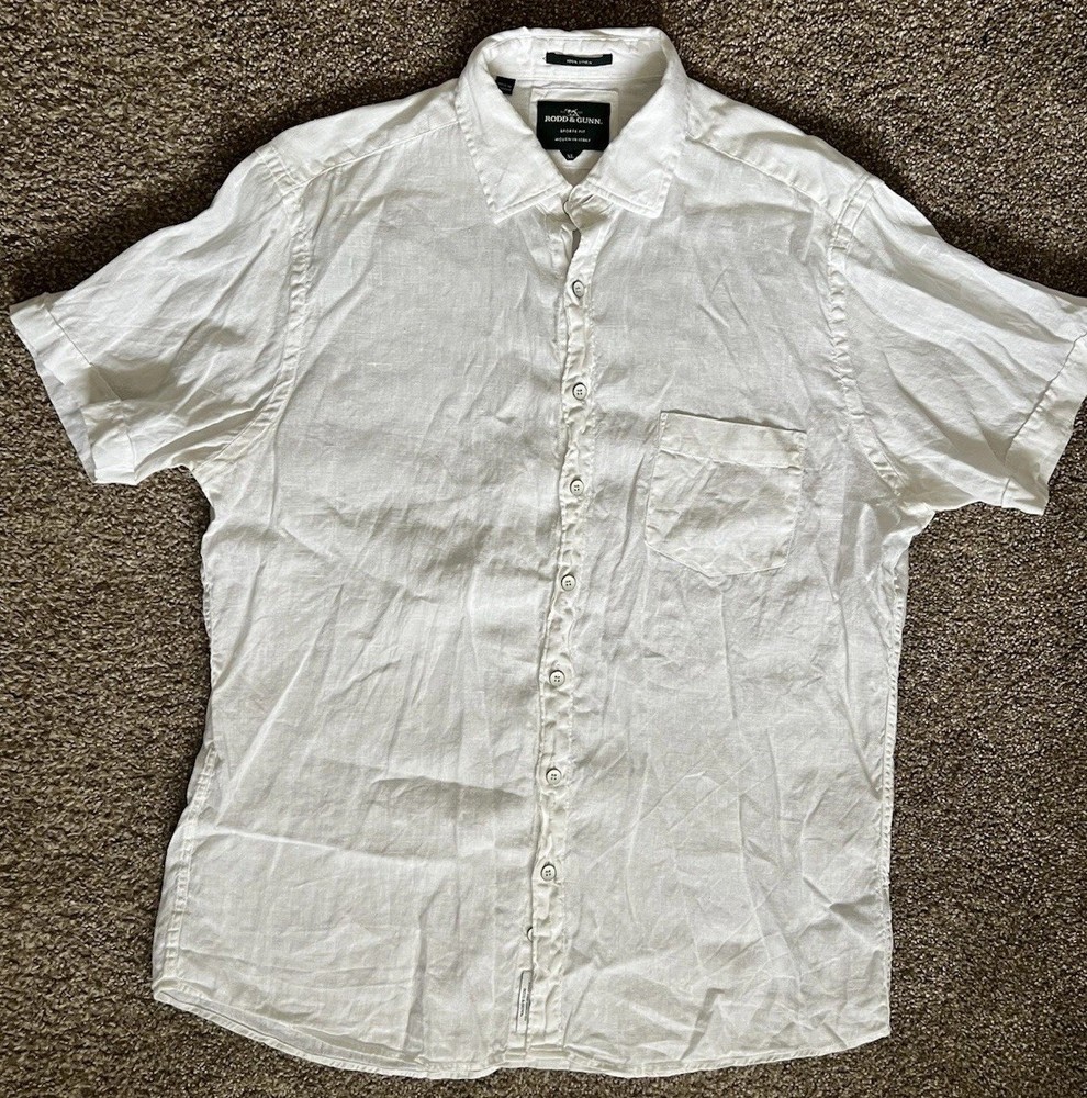 Rodd Gunn Italian Linen Shirt Albini Mens XL White Sports Fit Preppy Beach City