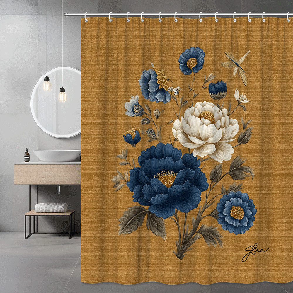 Blue White Floral Shower Curtain Botanical Flower Print