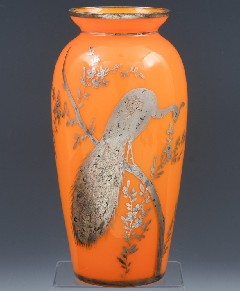 Unique Antique Czech Bohemian Peacock Silver Overlay Orange Art Glass Vase