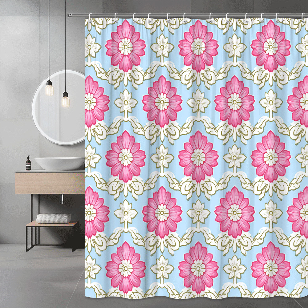 Pink Floral Shower Curtain Blue Background Repeat Pattern