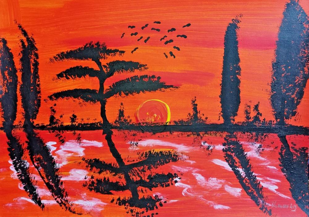 Unique landscape trees painting acrylic on paper approx 21x30cm original
