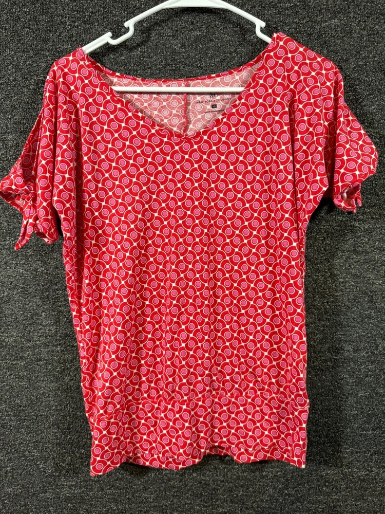 New York & Company Womens Short Sleeve Printed Blouse Top Size XS Red Pink White