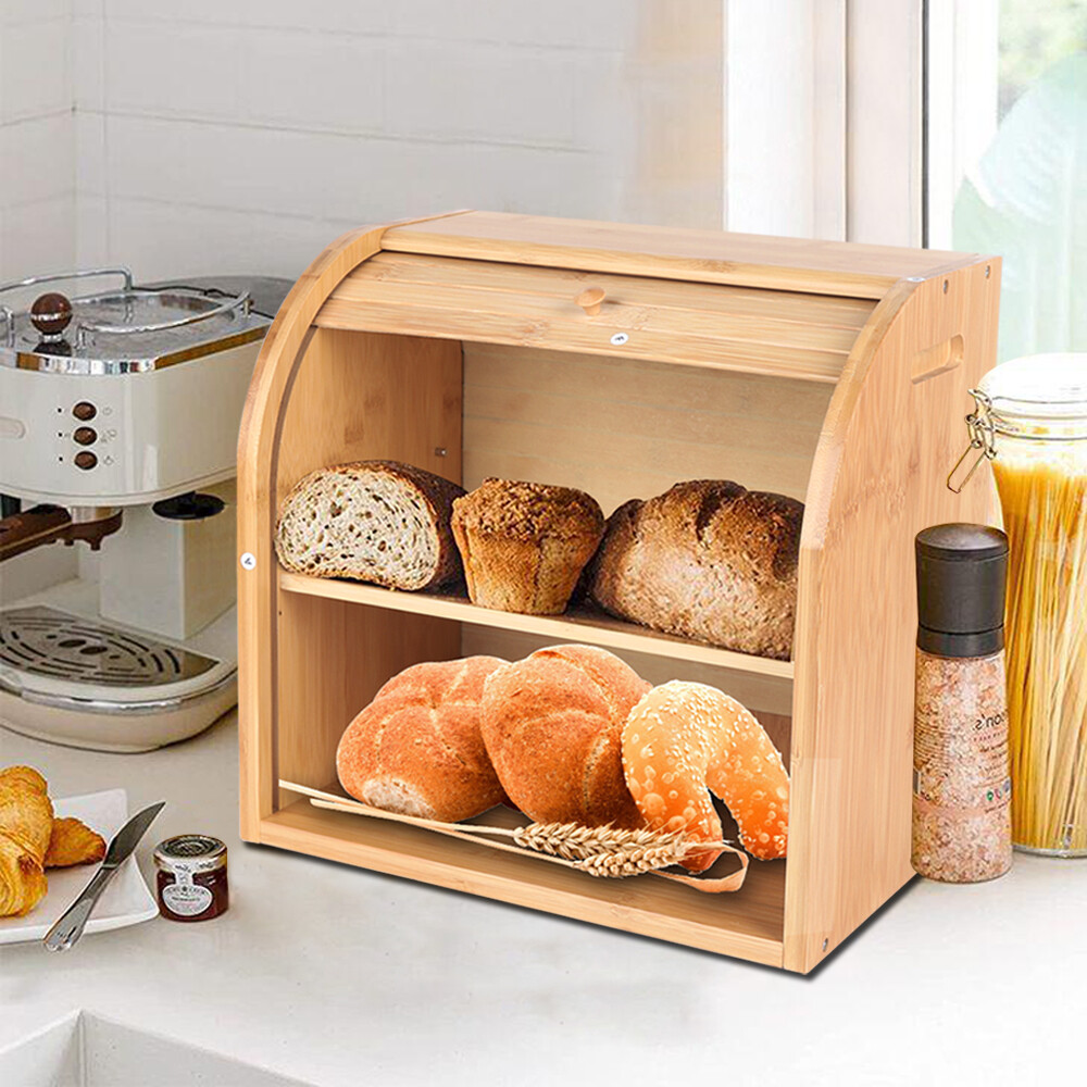 2-Layer Bread Box Bread Keeper Bamboo Wood With Lid Kitchen Storage Containers