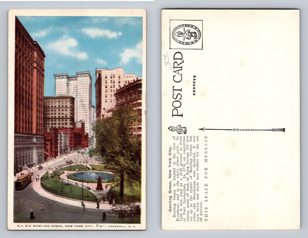 New York City NY, Bowling Green Park and Skyline View Vintage Postcard