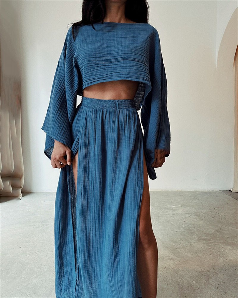 Women Summer 2 Piece Casual Linen Outfit Long Sleeve Crop Tops Maxi Skirt Set=ML