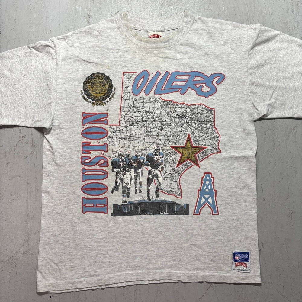 Vintage Nutmeg Mills Houston Oilers NFL Football Big Print Sports T Shirt Sz XL