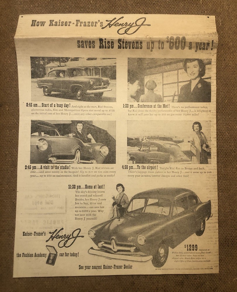 VTG RARE 1950’s HENRY J Kaiser Car Automobile Newspaper Ad 0C25