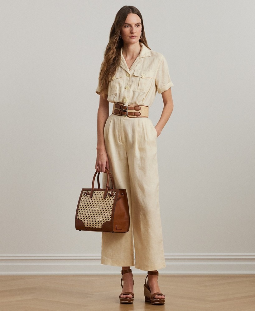 Lauren Ralph Lauren Linen Women's Jumpsuit 8P Back Embroidered Beige Utility NWT