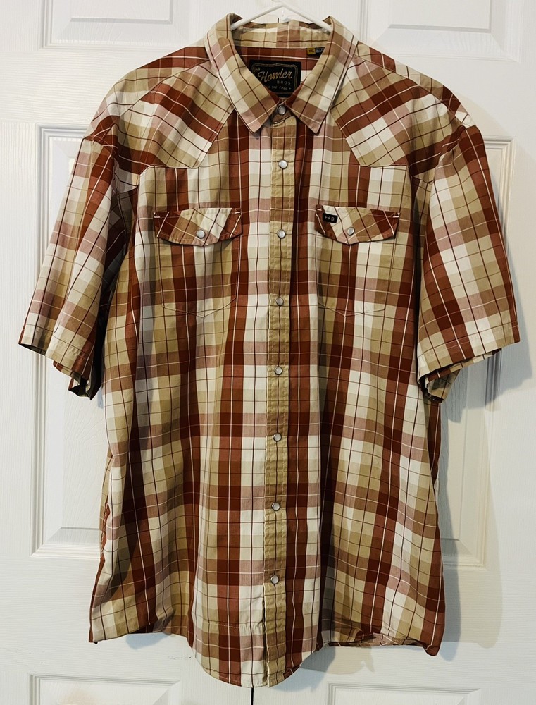 Howler Bros Western Pearl Snap Shirt Mens XXL Red and Tan Plaid Short Sleeve