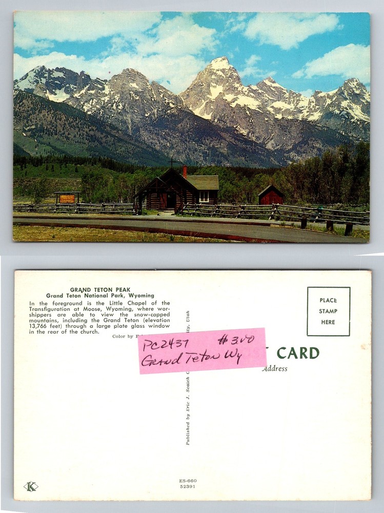 Moose, WY-Wyoming, Grand Teton Peak Chapel of Transfiguration Vintage Postcard