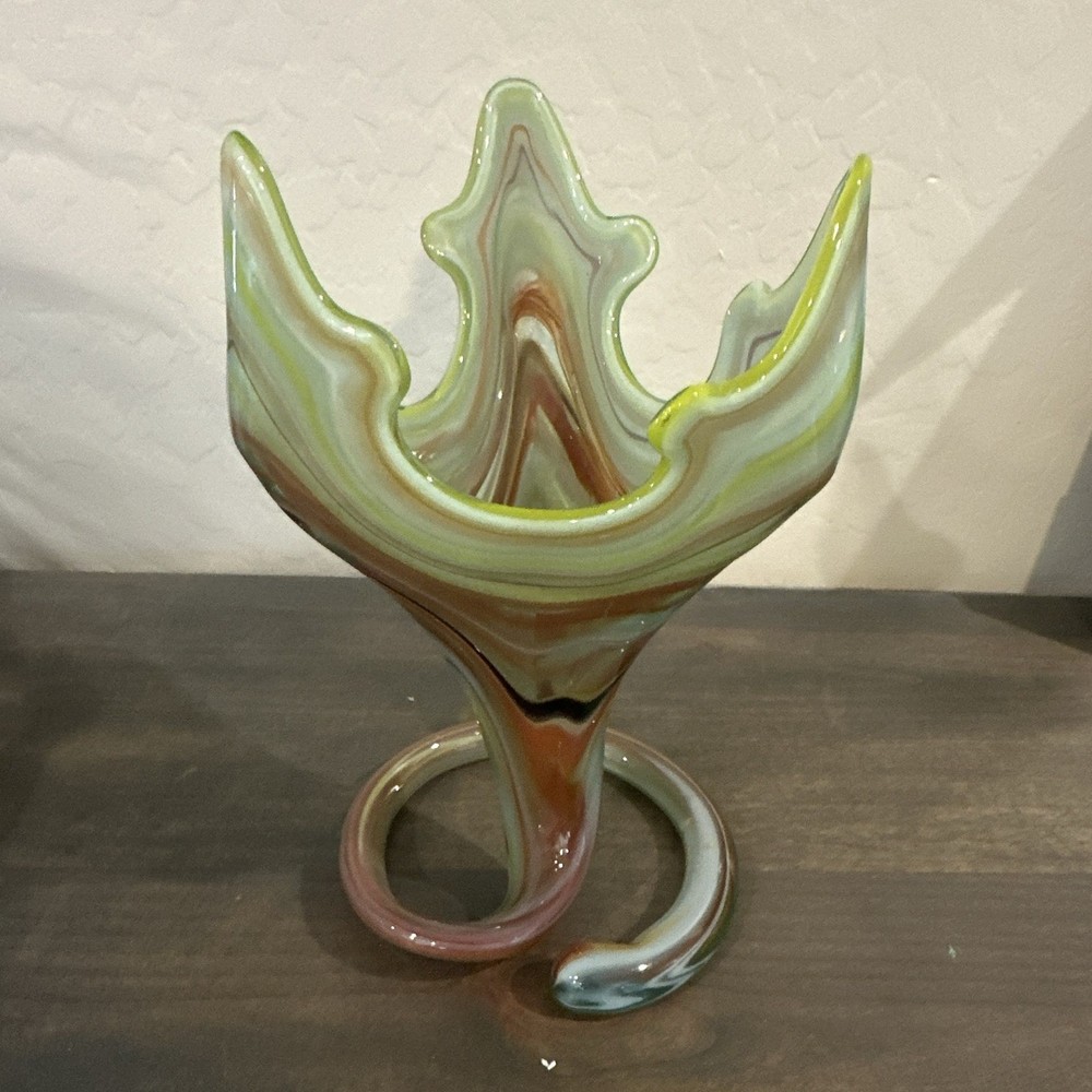 Art Glass Swirl Decorative Vase, Abstract Pattern, Green White Brown Pink